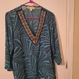 Michael Kors Teal Leaf Pattern Blouse with Embellished Neckline